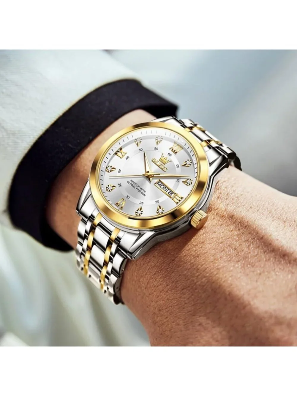 Mens Silver White Face Stainless Luminous Quartz Waterproof Dimond Classic Watch